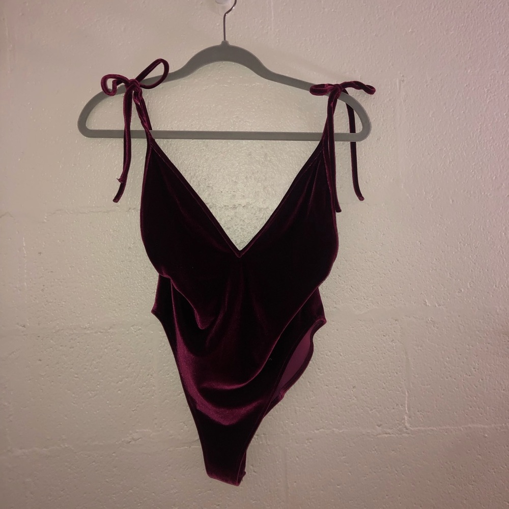 Velvet Maroon Bodysuit with Bow Straps